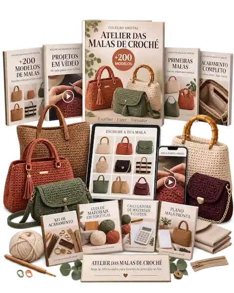 Mockup da coleção Atelier das Malas de Croché: capas, modelos de malas de croché e bónus — PROTOTIPO_VALIDAR_MODELO