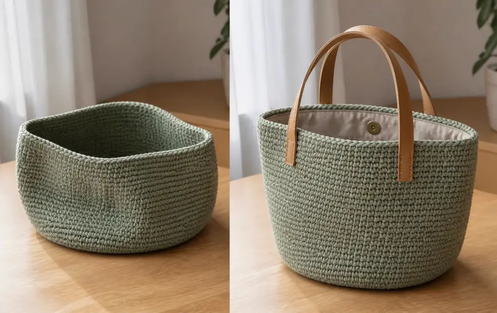 A mesma mala de croché antes e depois do acabamento — PROTOTIPO_VALIDAR_MODELO